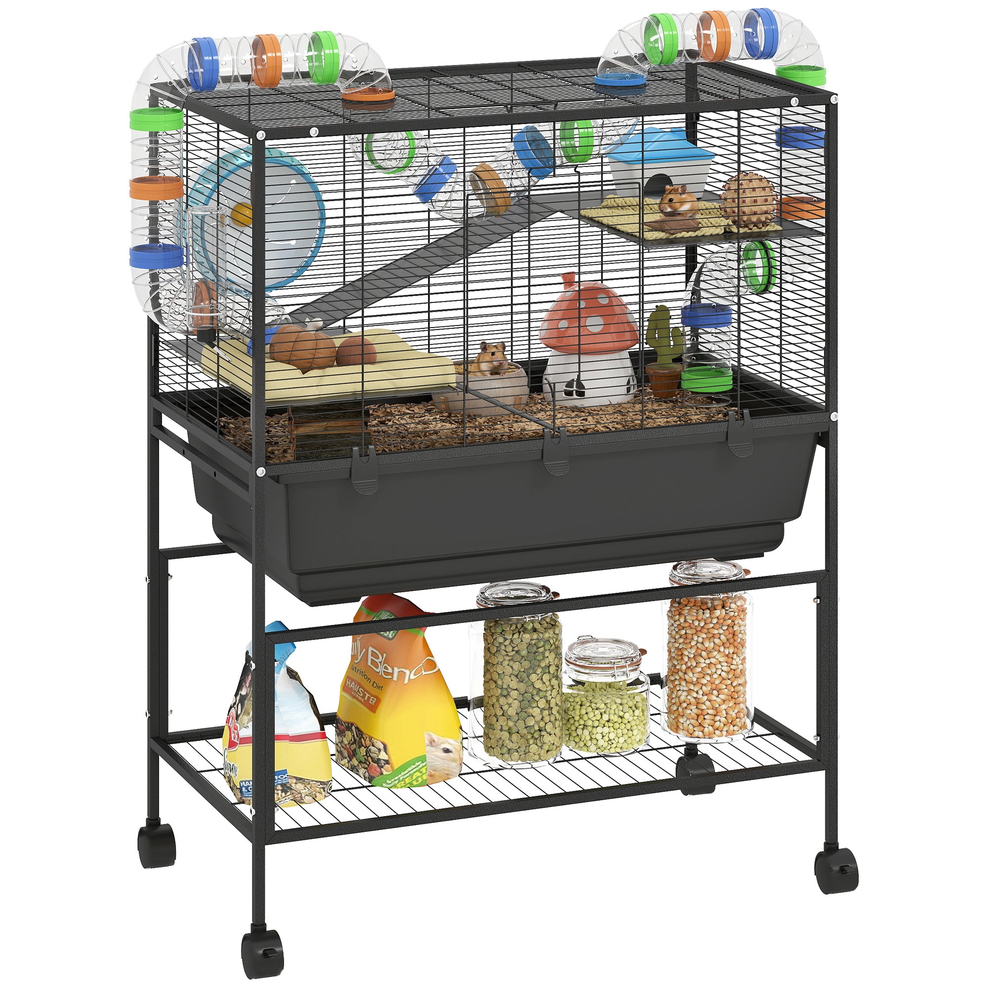 pawhut-cage-3-niveaux-color-e-pour-petit-animal-avec-tubes-roue-et-rangement image 1