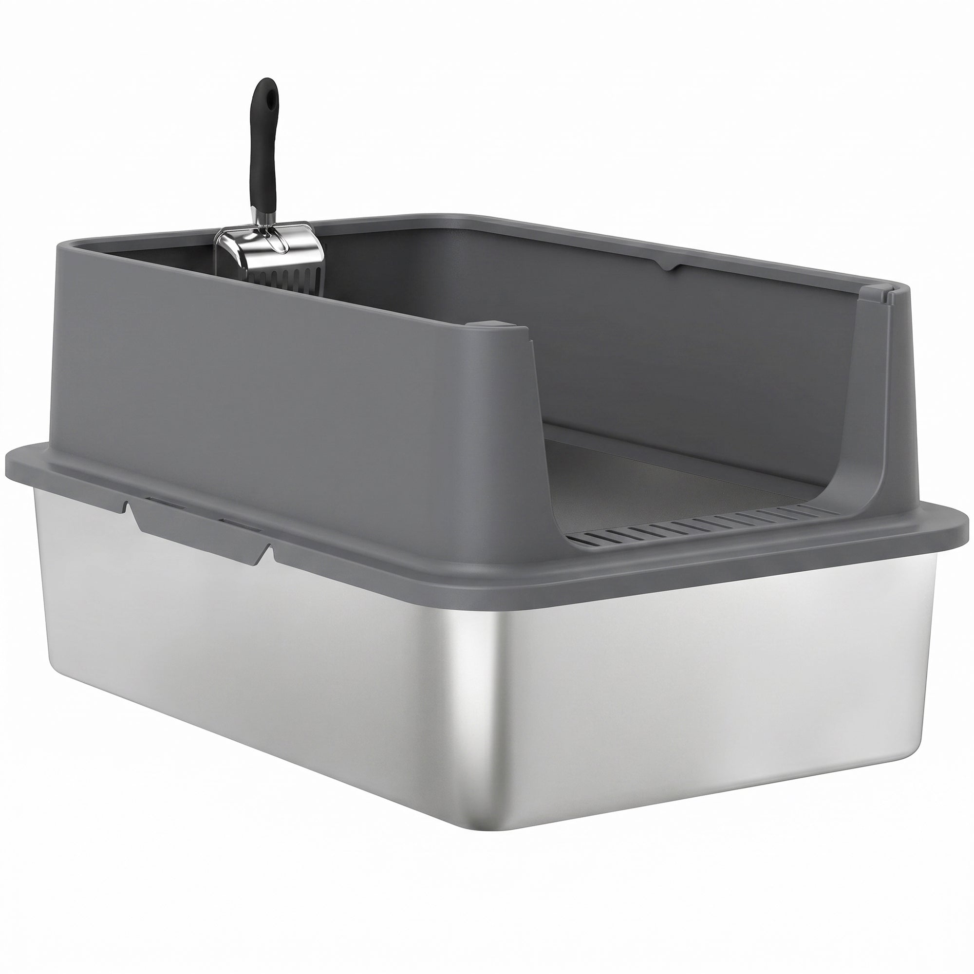 pawhut-bac-liti-re-chat-xl-inox-avec-pelle-et-parois-hautes-gris-fonc image 2