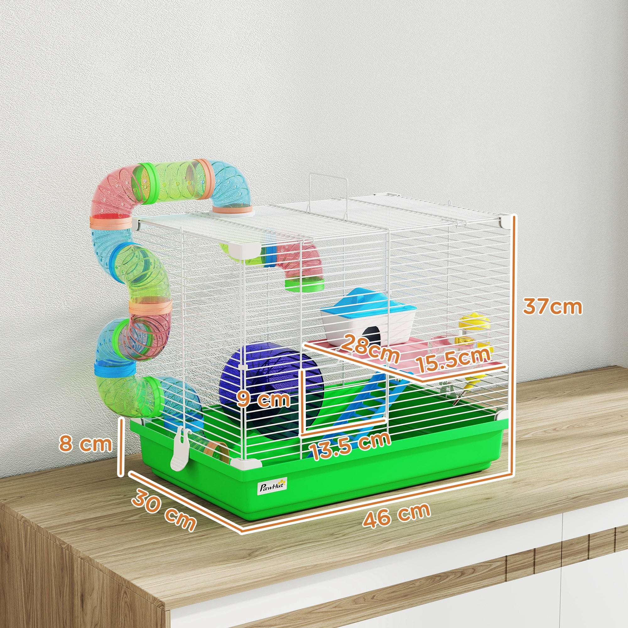 pawhut-cage-hamster-2-tages-avec-roue-maison-et-tunnel-vert image 5